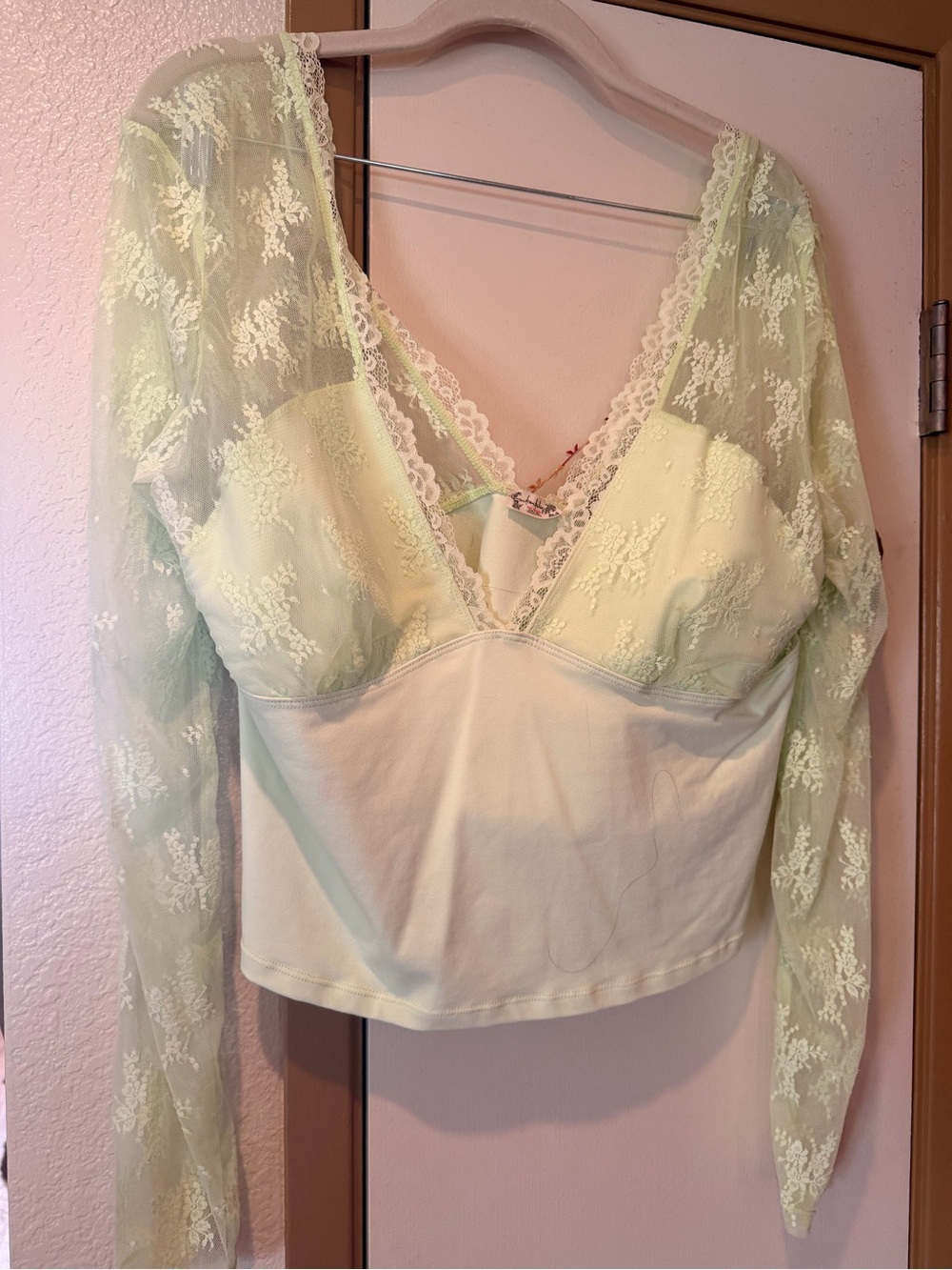 Free People Lace-Detail Long Sleeve Bralette Top in Pale Green